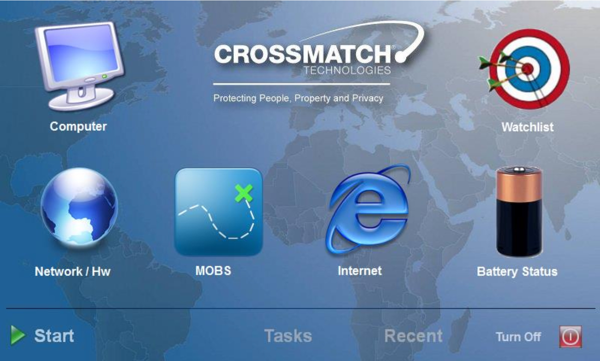 Screenshot showing the UI of one of the biometric scanning devices, with icons for Computer, network, MOBS, Internet, Battery status, and Watchlist.