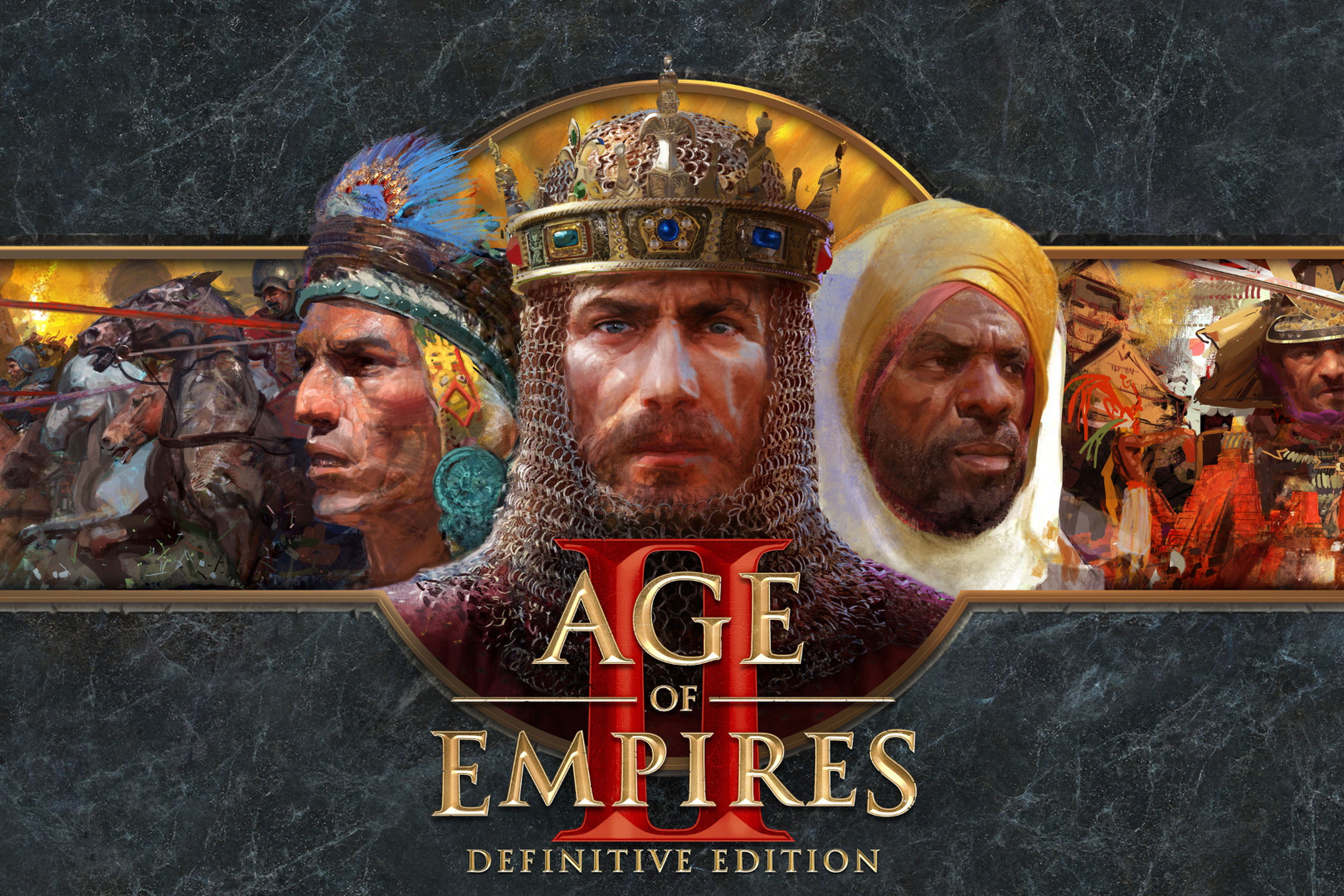 Key art of Age of Empires II: Definitive Edition featuring the heads of three men representing the Aztec, English, and Berber civilzations
