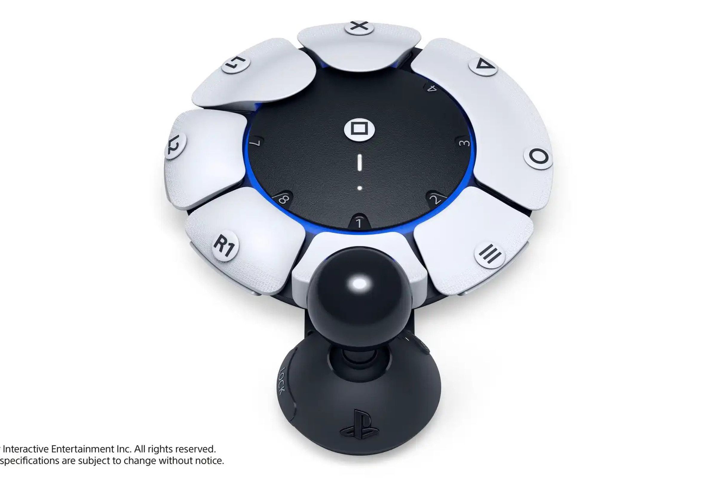 Image of PlayStation 5 accessibility controller prototype Leonard featuring a white circular gamepad flanked by a black joystick