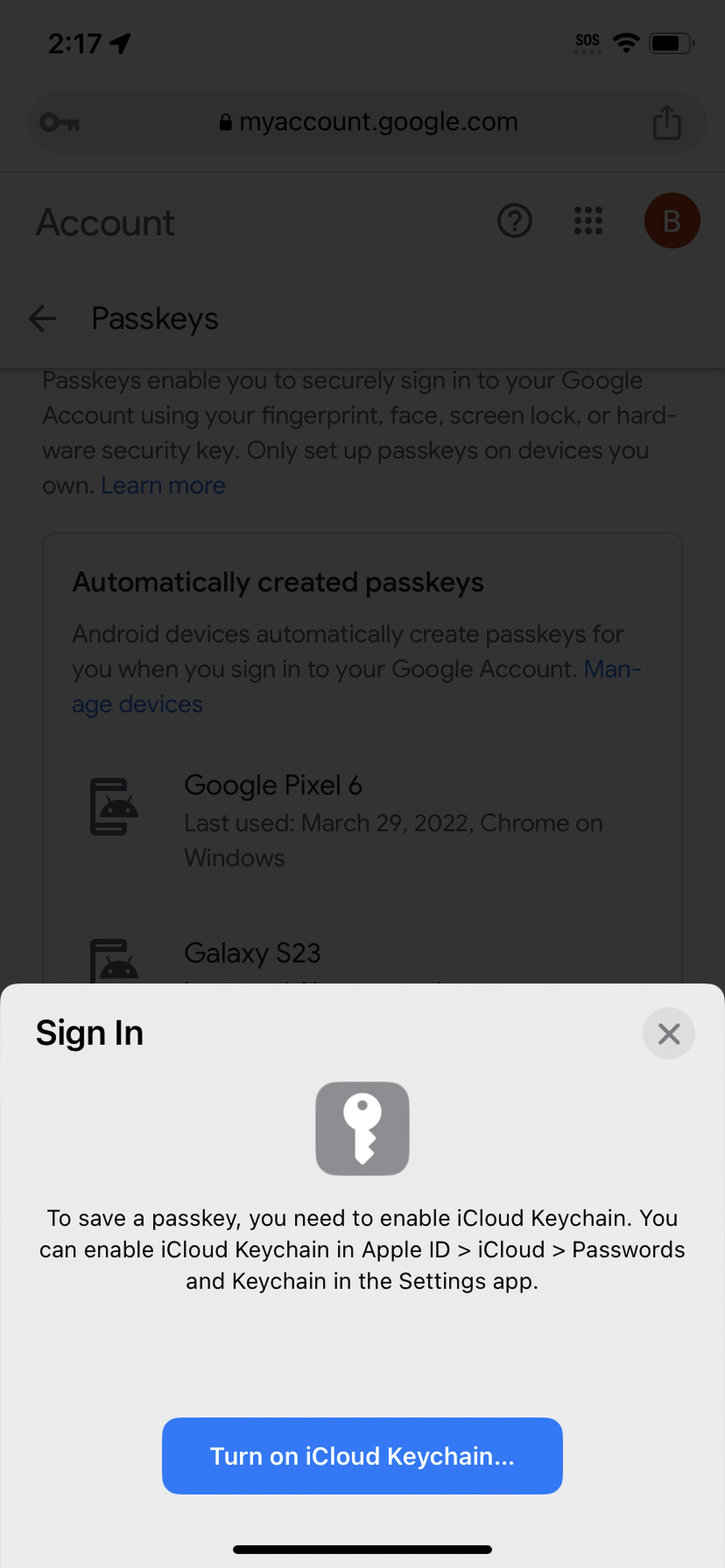Sign in popup that says “To save a passkey, you need to enable iCloud Keychain.”